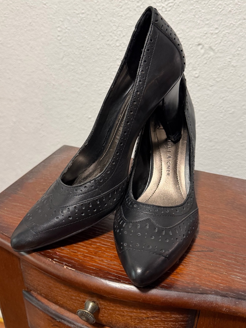 Etienne Aigner | Black Leather Brogue Pointed Toe Heels | Size 7.5